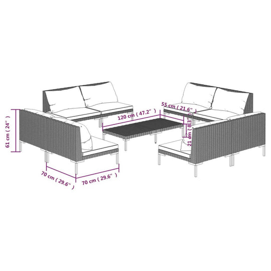 9 Piece Garden Lounge Set with Cushions Poly Rattan Dark dimensions illustration showing seating arrangement and table size.