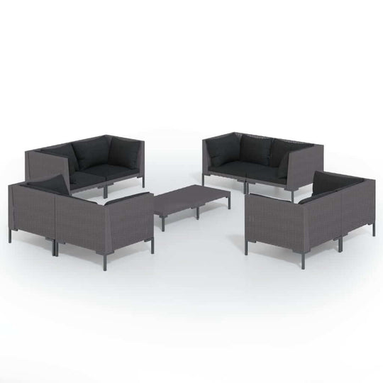 9 Piece Garden Lounge Set with Cushions Poly Rattan Dark, featuring a stylish outdoor seating arrangement.