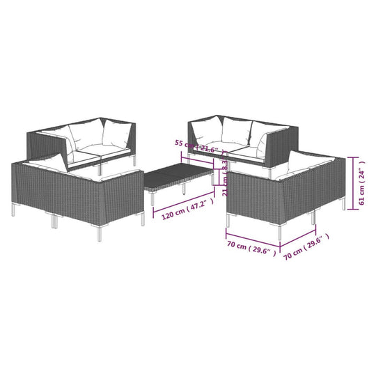 9 Piece Garden Lounge Set with Cushions Poly Rattan Dark dimensions and layout diagram.