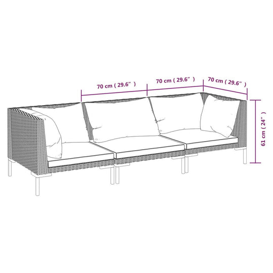 Dimensions of a 3 piece outdoor lounge set showcasing a garden sofa with cushions and poly rattan weaving.