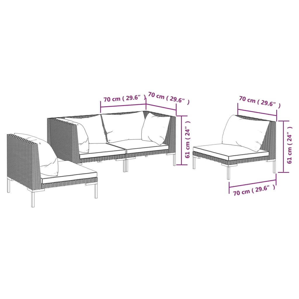 4 Piece Garden Lounge Set with Cushions Poly Rattan Dark dimensions illustration showing sizes of sofa and chairs.