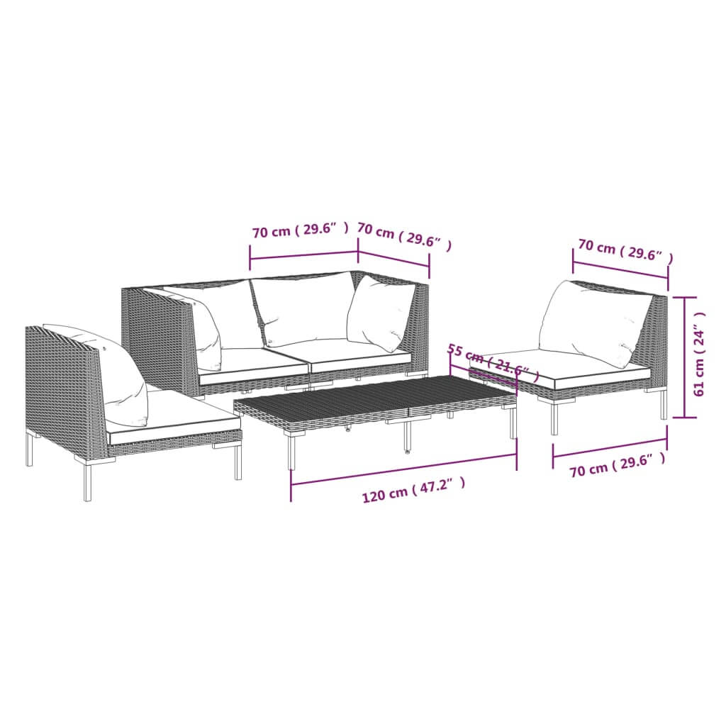 Dimensions of 5 Piece Garden Lounge Set with Cushions Poly Rattan Dark illustrating sofa arrangement and sizes.