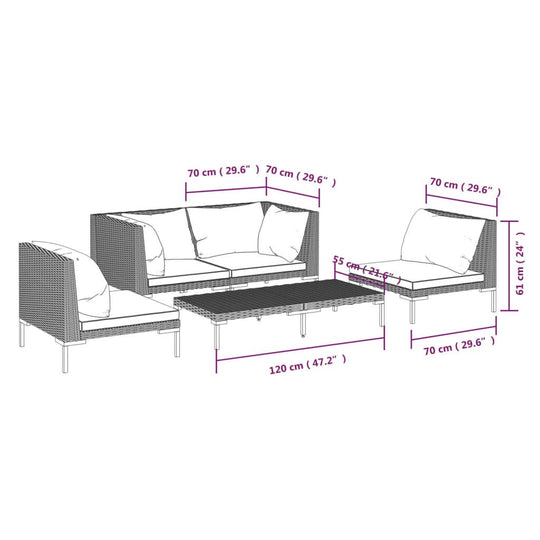 Dimensions of 5 Piece Garden Lounge Set with Cushions Poly Rattan Dark illustrating sofa arrangement and sizes.