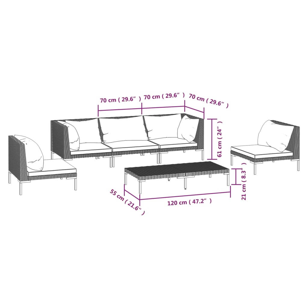 Dimensions of 6 Piece Garden Lounge Set with Cushions Poly Rattan Dark, showing sofa and table measurements.