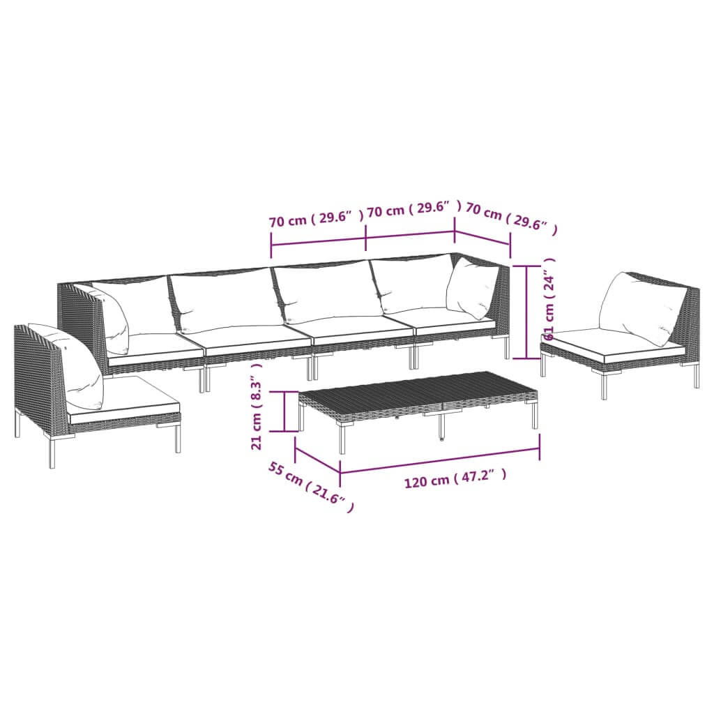 Dimensions diagram of 7 Piece Garden Lounge Set with Cushions Poly Rattan Dark, showcasing sofa and table sizes.