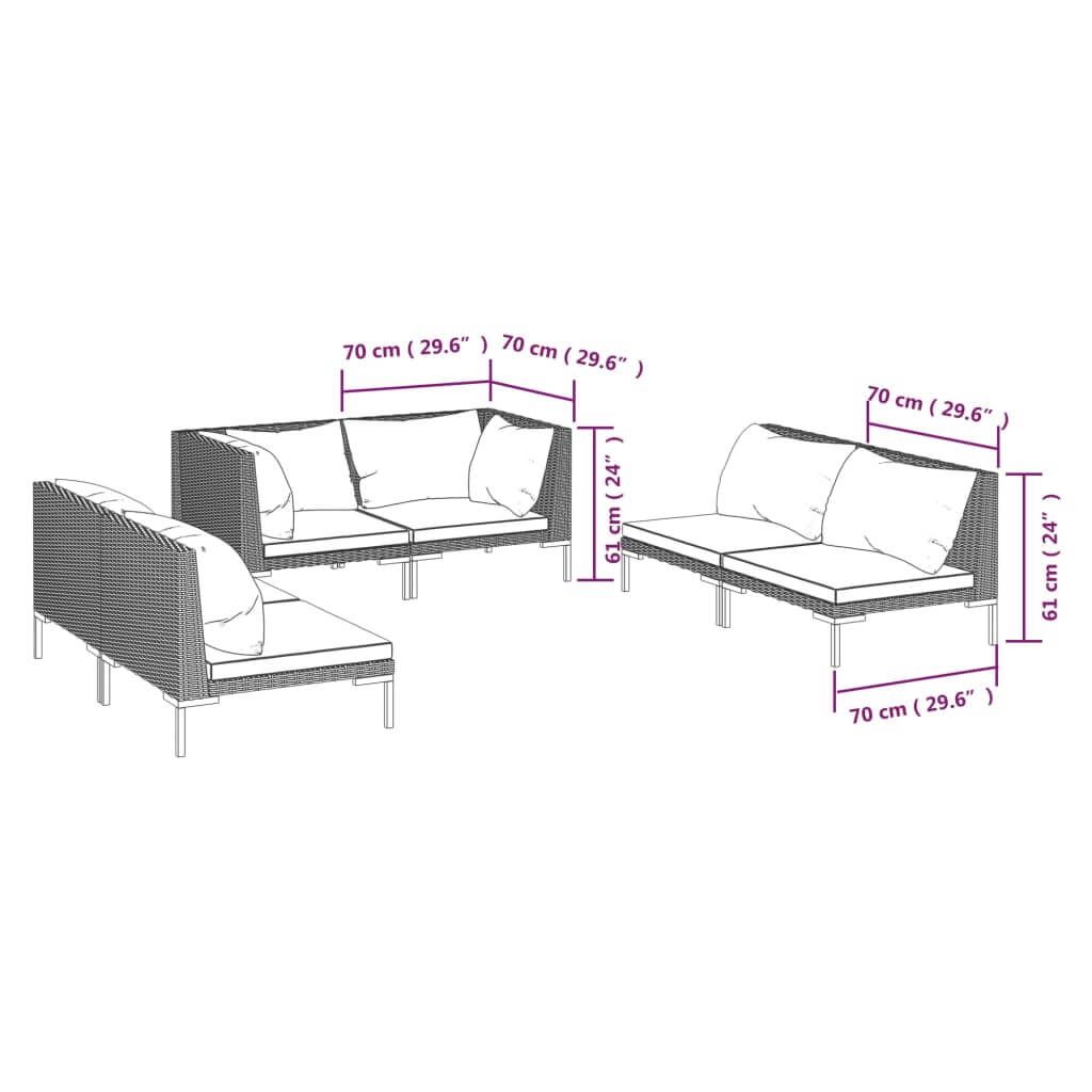 6 Piece Garden Lounge Set with Cushions Poly Rattan Dark dimensions illustration with measurements for patio furniture.