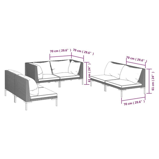6 Piece Garden Lounge Set with Cushions Poly Rattan Dark dimensions illustration with measurements for patio furniture.