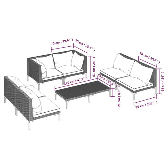 7 Piece Garden Lounge Set with Cushions Poly Rattan Dark dimensions diagram showcasing seating and table layout.