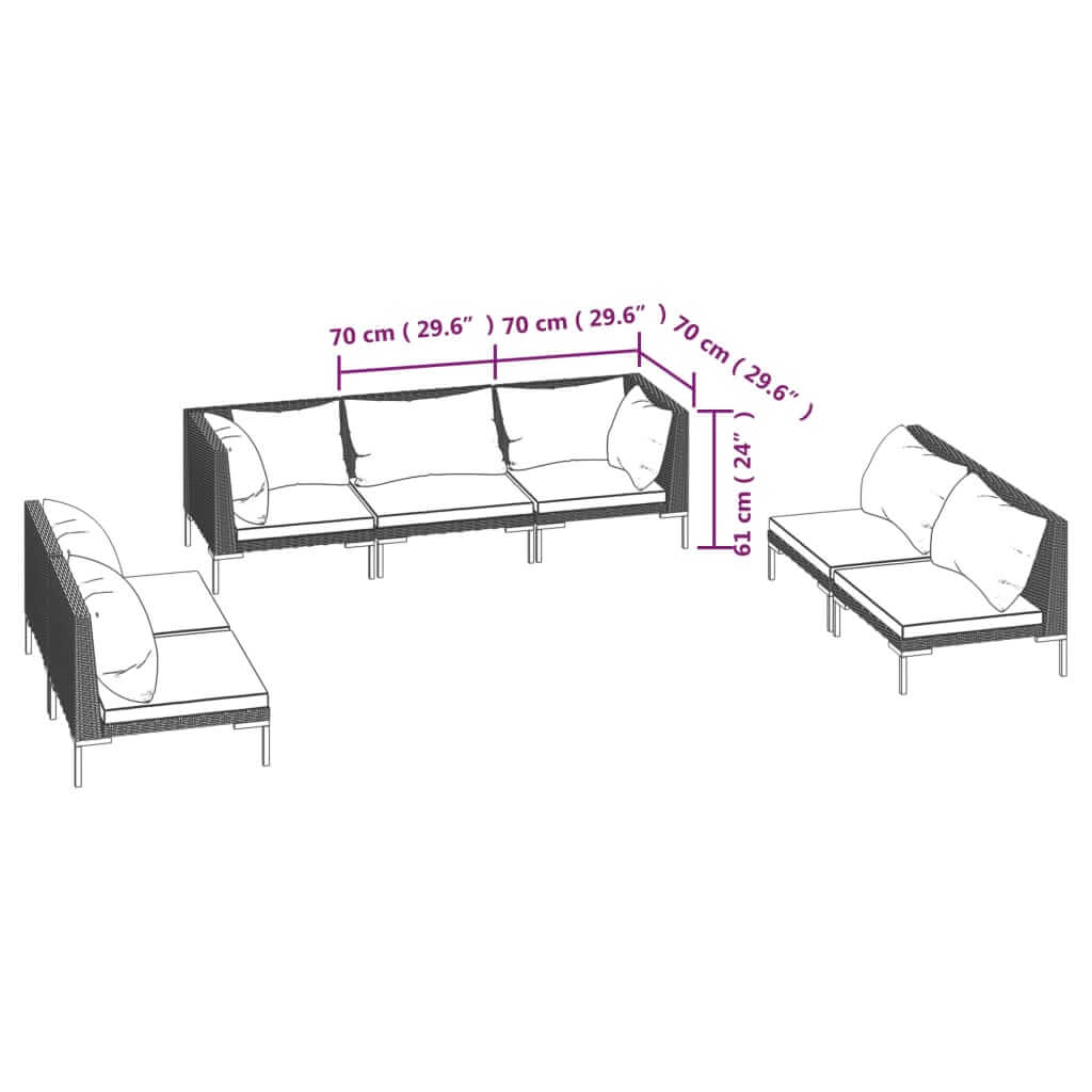 7 Piece Garden Lounge Set with Cushions Poly Rattan Dark dimensions diagram, showing sofa arrangement and measurements.