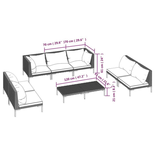 8 Piece Garden Lounge Set with Cushions Poly Rattan Dark dimensions and layout diagram.