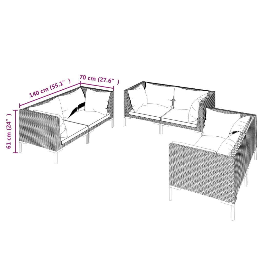 Dimensions of the 6 Piece Garden Lounge Set with Cushions Poly Rattan Dark, showcasing its layout and size.