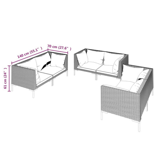 Dimensions of the 6 Piece Garden Lounge Set with Cushions Poly Rattan Dark, showcasing its layout and size.