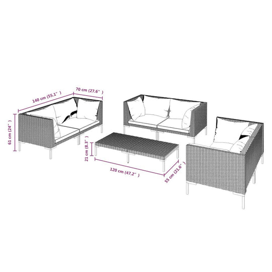 7 Piece Garden Lounge Set with Cushions Poly Rattan Dark dimensions and design illustration.