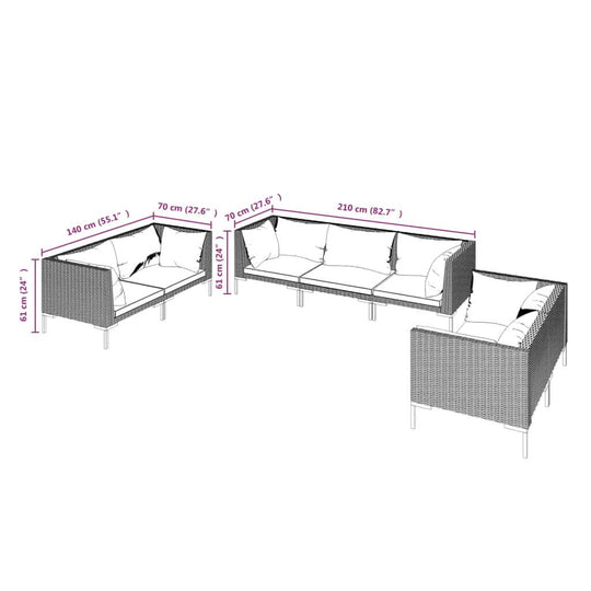 Dimensions of 7 Piece Garden Lounge Set with Cushions Poly Rattan Dark, showing measurements and layout.