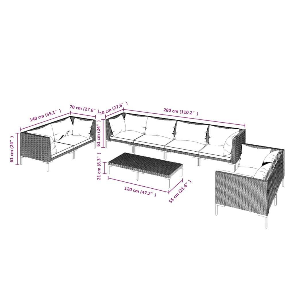 9 Piece Garden Lounge Set with Cushions Poly Rattan Dark dimensions diagram showing measurements and components.