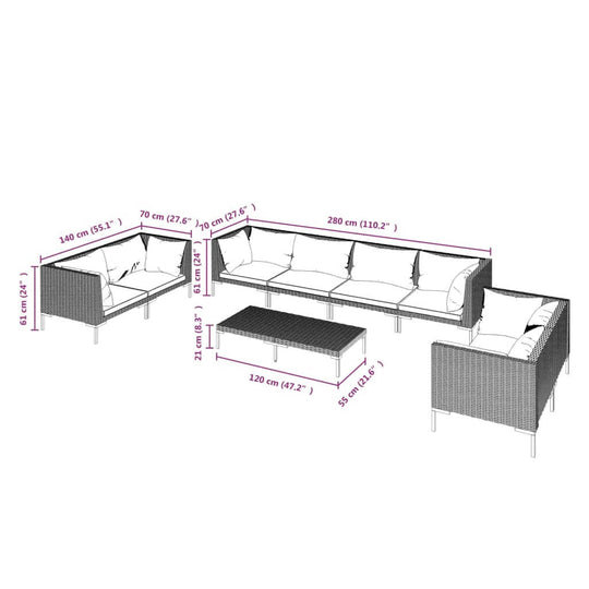 9 Piece Garden Lounge Set with Cushions Poly Rattan Dark dimensions diagram showing measurements and components.