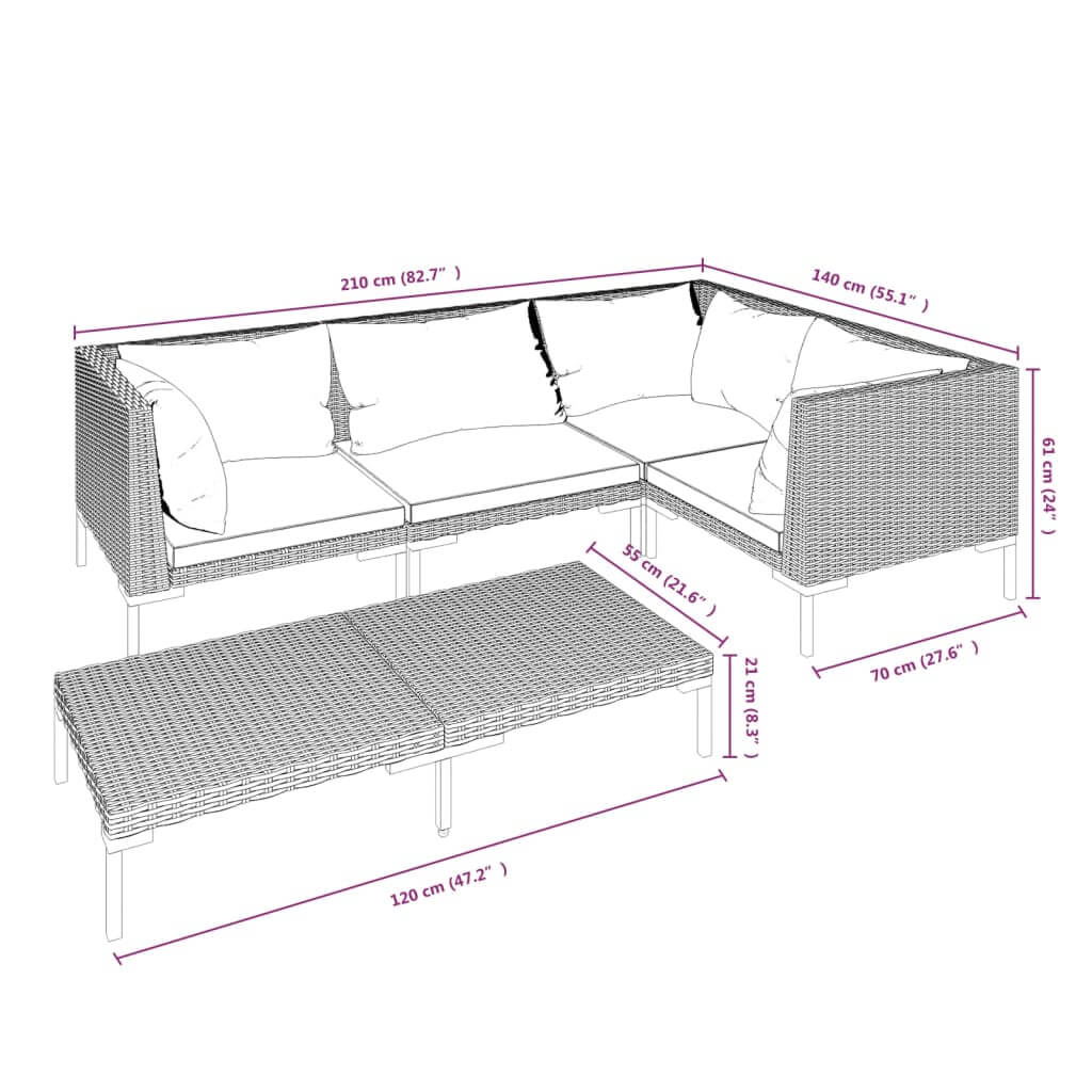 5 Piece Garden Lounge Set with Cushions Poly Rattan Dark dimensions and layout illustration with measurements.