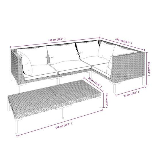 5 Piece Garden Lounge Set with Cushions Poly Rattan Dark dimensions and layout illustration with measurements.