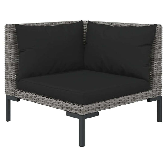 5 Piece Garden Lounge Set with Cushions Poly Rattan Dark corner piece with black cushions and grey rattan weaving.