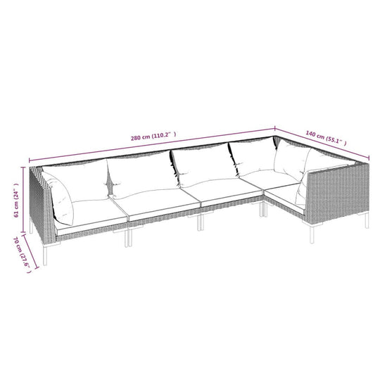 5 Piece Garden Lounge Set with Cushions Poly Rattan Dark dimensions diagram showing measurements and design.