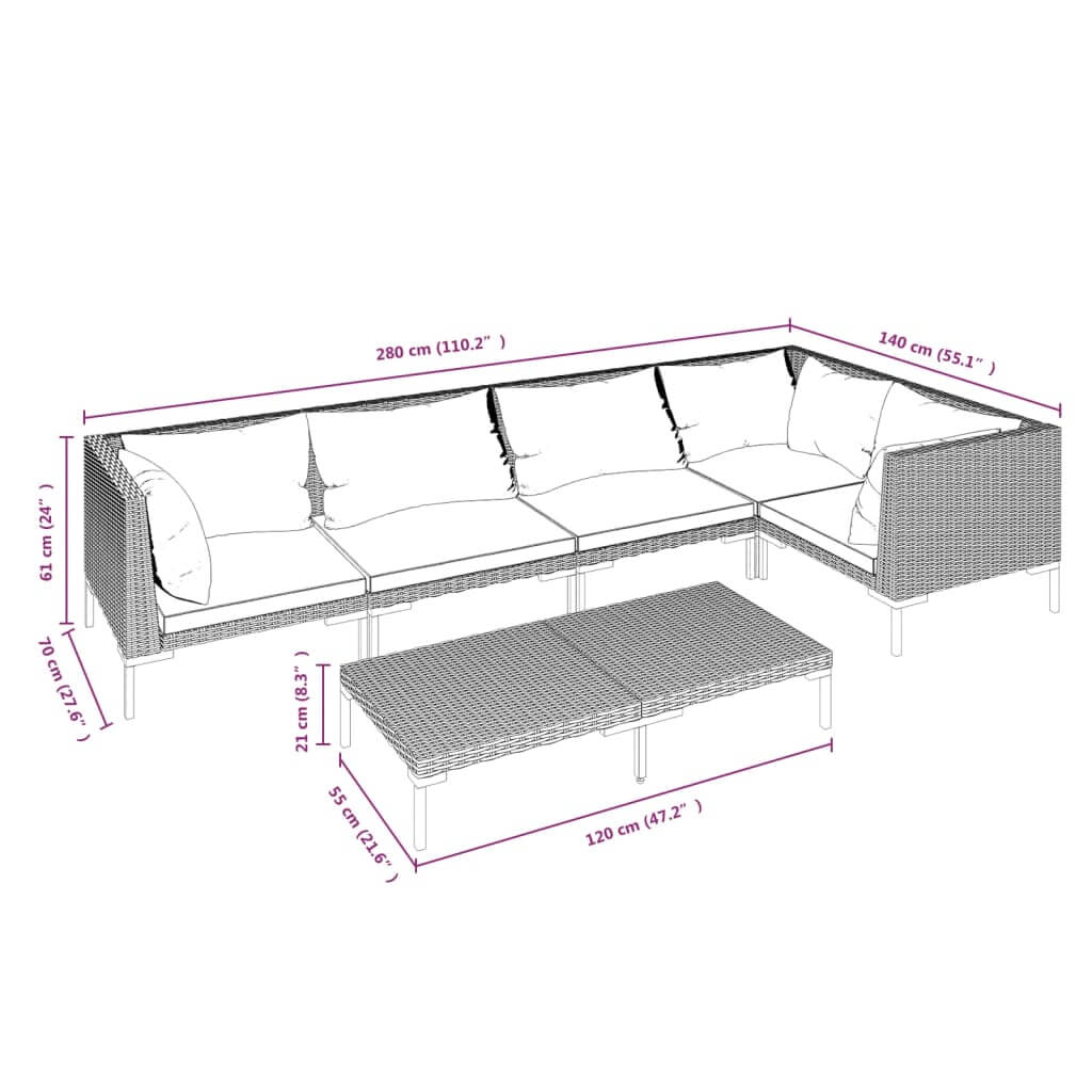 6 Piece Garden Lounge Set with Cushions Poly Rattan Dark dimensions illustration showing the layout and sizes of the set.