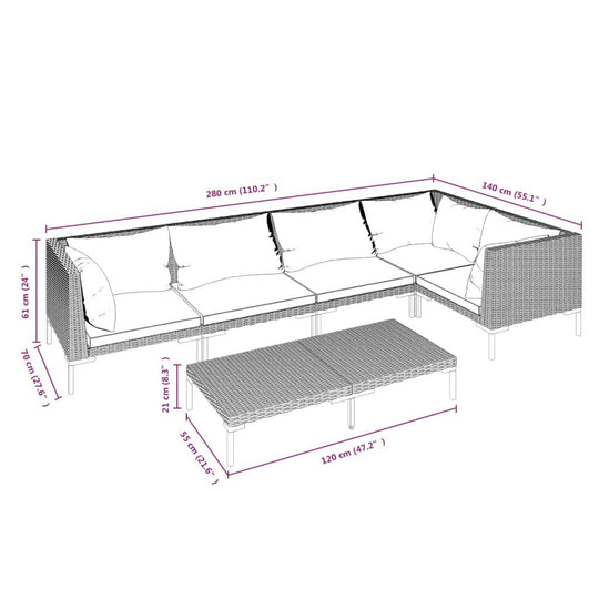 6 Piece Garden Lounge Set with Cushions Poly Rattan Dark dimensions illustration showing the layout and sizes of the set.