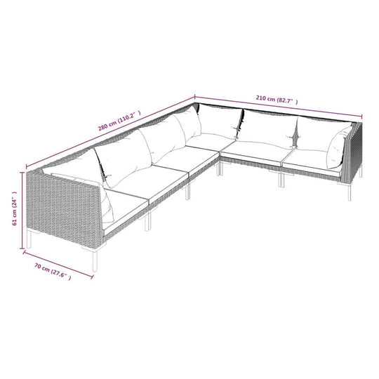 6 Piece Garden Lounge Set with Cushions Poly Rattan Dark dimensions and design layout illustration
