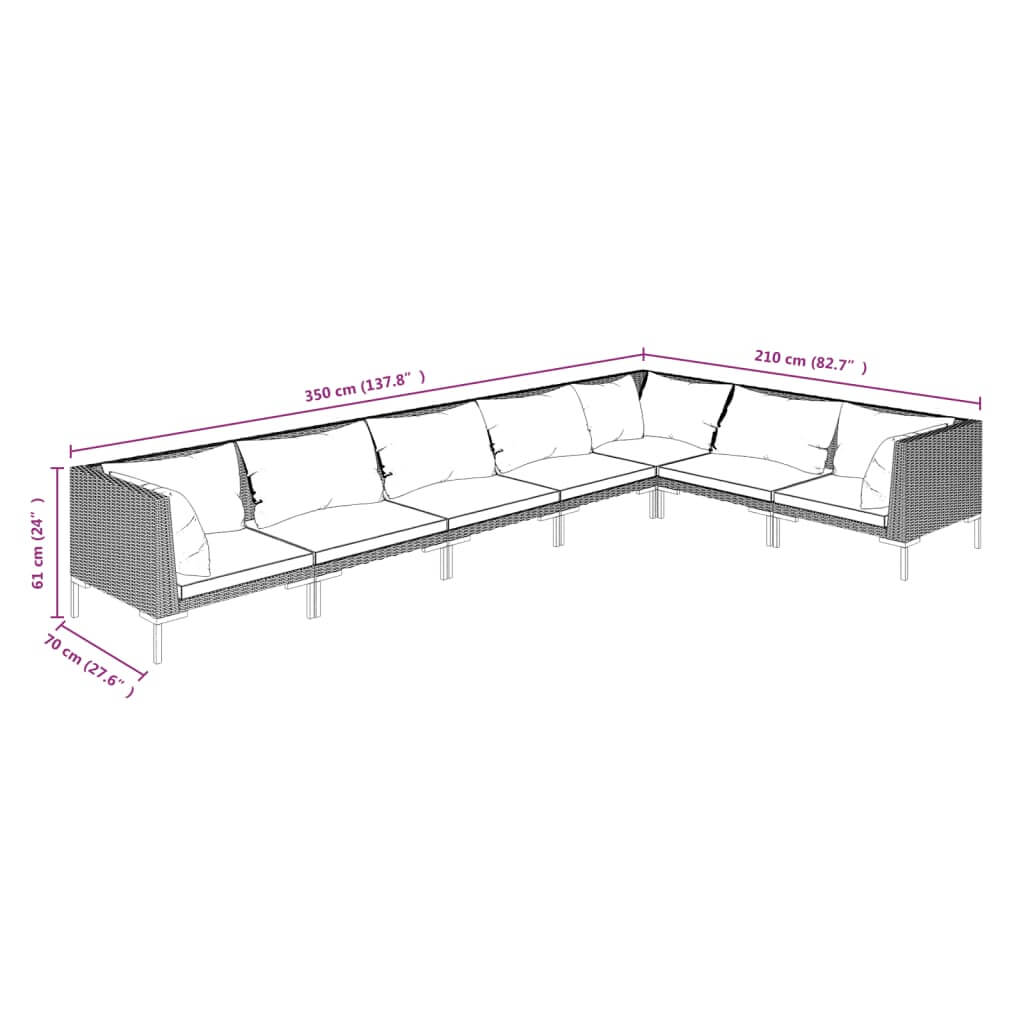 7 Piece Garden Lounge Set with Cushions Poly Rattan Dark dimensions diagram showing measurements in centimeters.