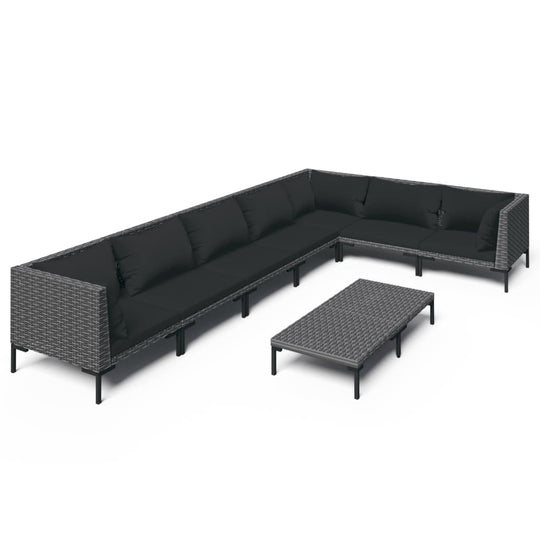 8 Piece Garden Lounge Set with Cushions Poly Rattan Dark with black cushions and a coffee table.