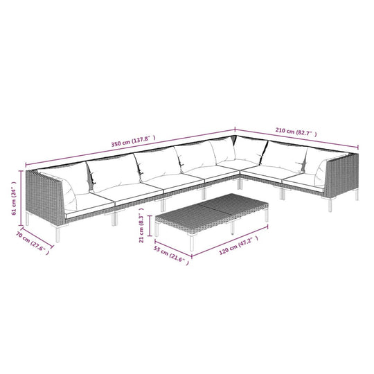 8 Piece Garden Lounge Set with Cushions Poly Rattan Dark dimensions diagram showcasing its sturdy design.