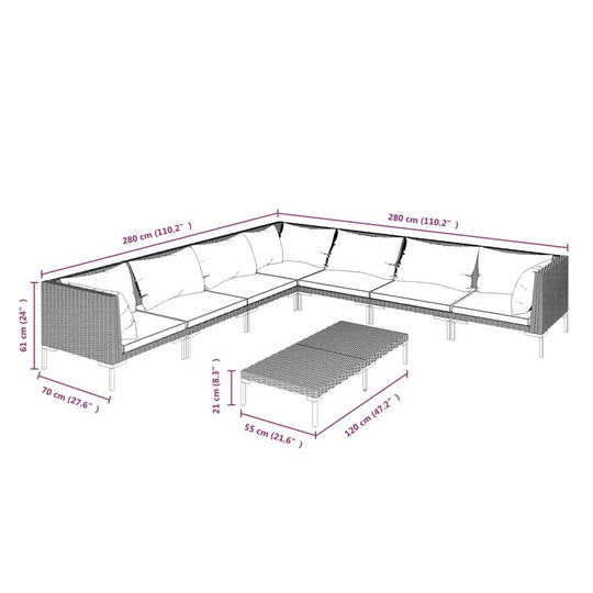 Dimensions of 8 Piece Garden Lounge Set with Cushions Poly Rattan Dark, showing measurements for optimal outdoor arrangement.