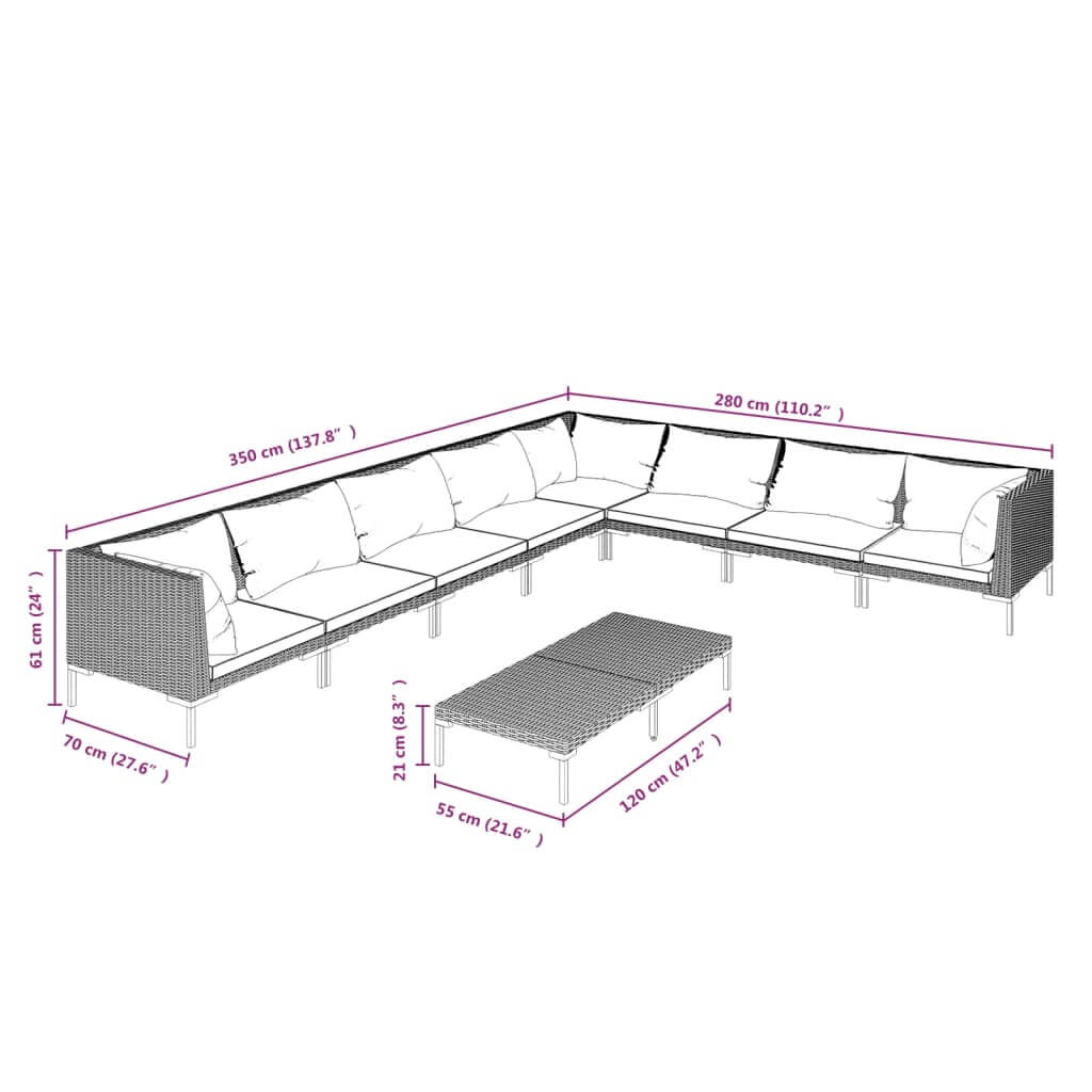 9 Piece Garden Lounge Set with Cushions Poly Rattan Dark dimensions illustration with measurements