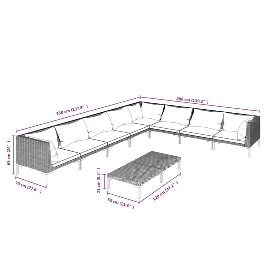 9 Piece Garden Lounge Set with Cushions Poly Rattan Dark dimensions illustration with measurements