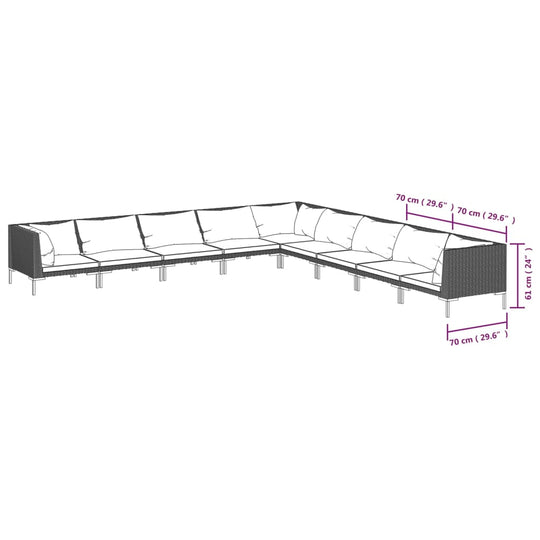 9 Piece Garden Lounge Set with Cushions Poly Rattan Dark dimensions diagram showing sectional layout and measurements.