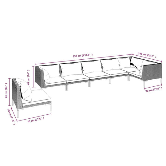 7 Piece Garden Lounge Set with Cushions Poly Rattan Dark dimensions and layout illustration