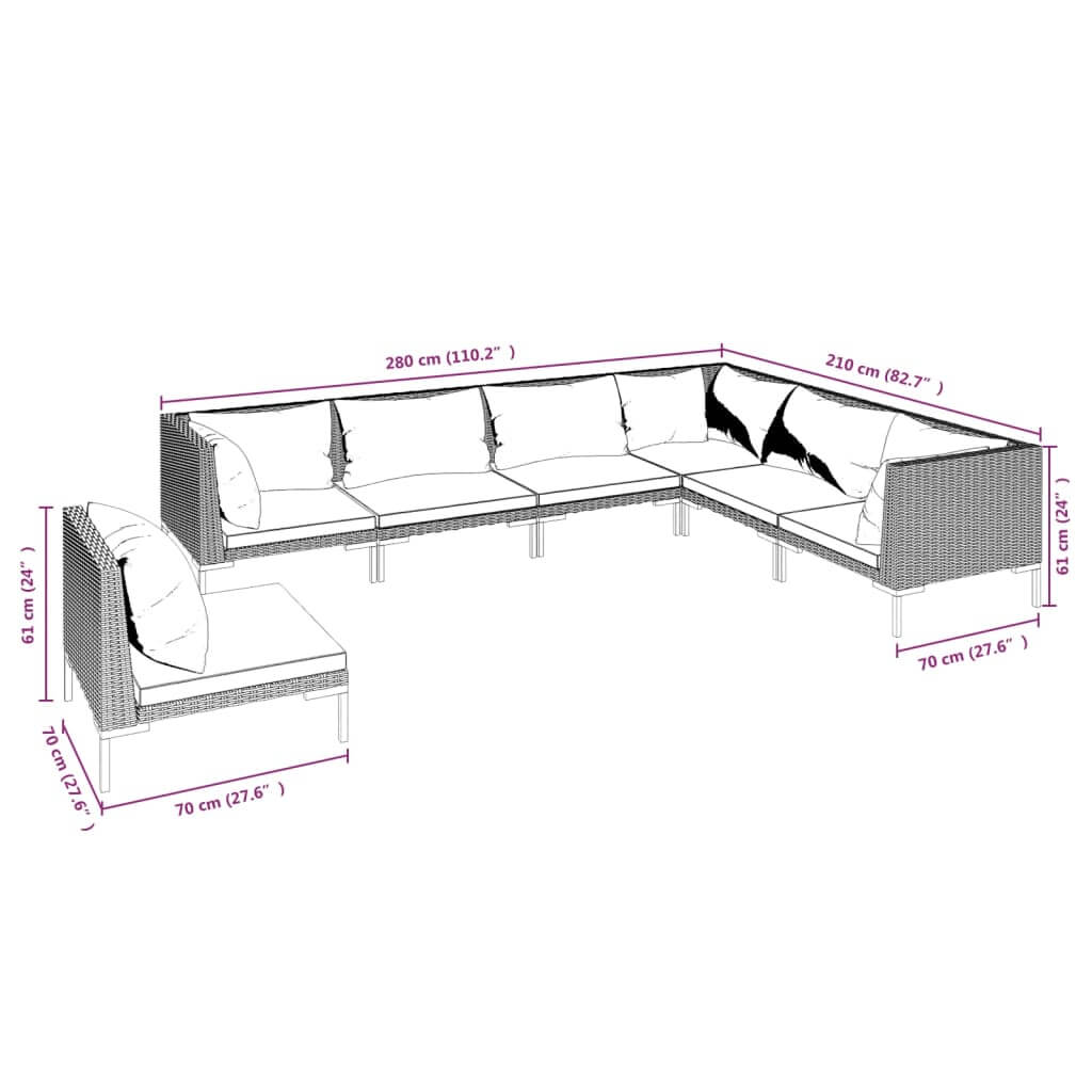 7 Piece Garden Lounge Set with Cushions Poly Rattan Dark dimensions illustration with measurements