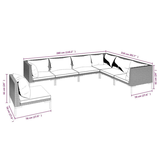 7 Piece Garden Lounge Set with Cushions Poly Rattan Dark dimensions illustration with measurements
