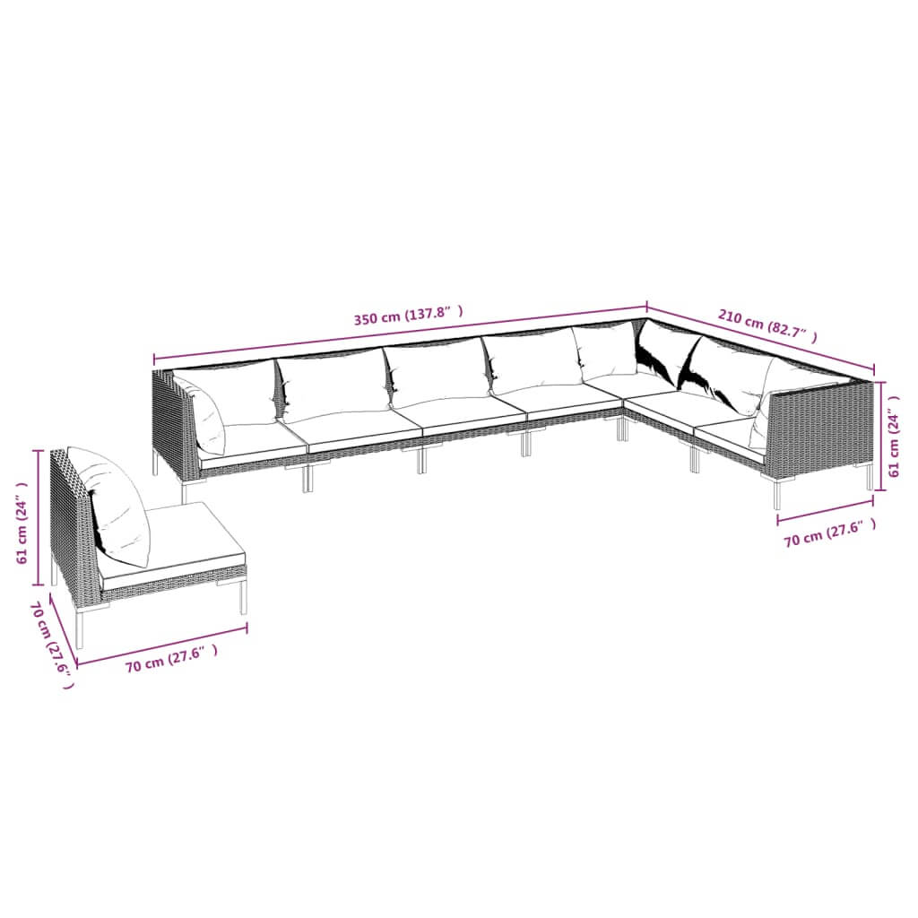 8 Piece Garden Lounge Set with Cushions Poly Rattan Dark dimensions diagram, showing sizes of each sofa section.