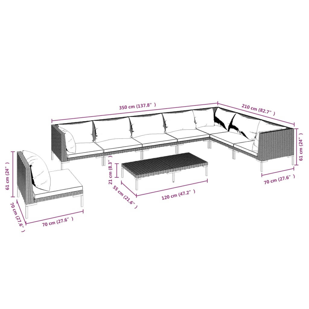 9 Piece Garden Lounge Set with Cushions Poly Rattan Dark dimensions diagram with measurements for outdoor seating arrangement.