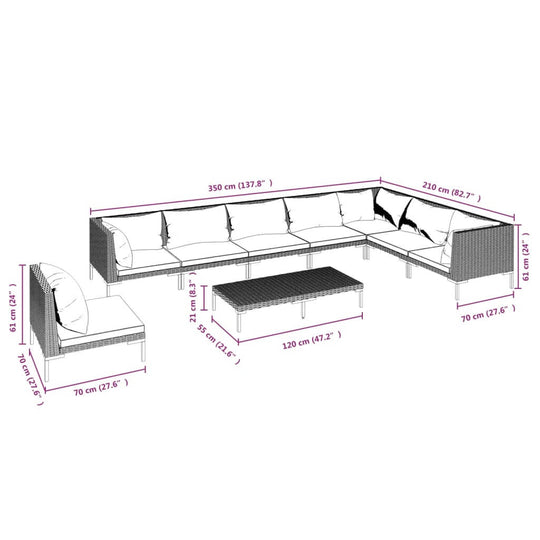 9 Piece Garden Lounge Set with Cushions Poly Rattan Dark dimensions diagram with measurements for outdoor seating arrangement.