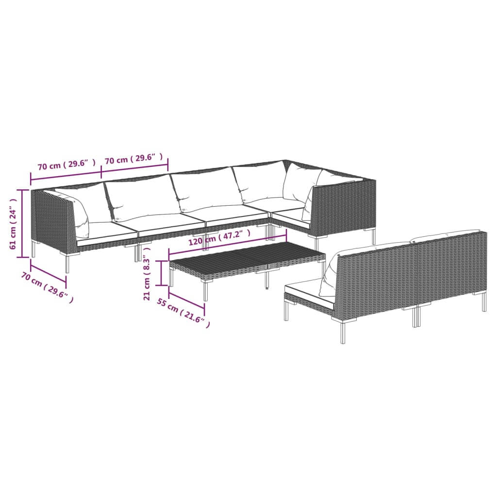 8 Piece Garden Lounge Set with Cushions Poly Rattan Dark dimensions diagram showing sectional sofa and coffee table.