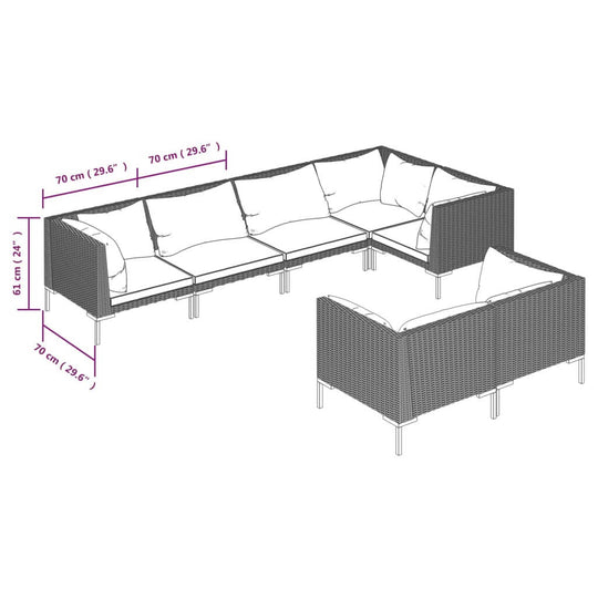7 Piece Garden Lounge Set with Cushions Poly Rattan Dark dimensions illustration with measurements.