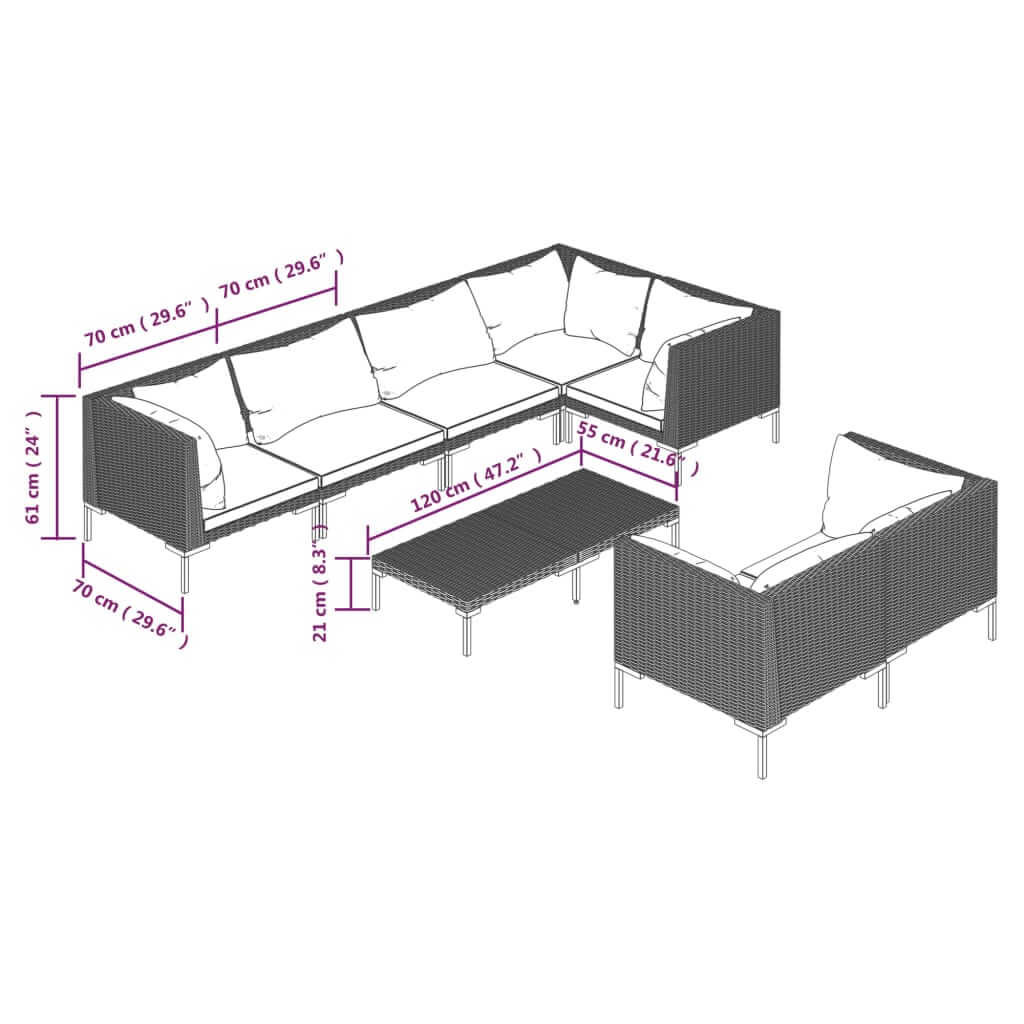 8 Piece Garden Lounge Set with Cushions Poly Rattan Dark dimensions illustration for outdoor patio.