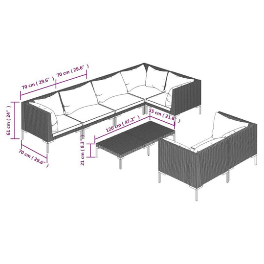 8 Piece Garden Lounge Set with Cushions Poly Rattan Dark dimensions illustration for outdoor patio.