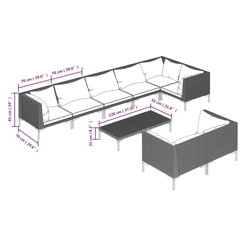 Dimensions of the 9 Piece Garden Lounge Set with Cushions Poly Rattan Dark, showcasing its layout and measurements.