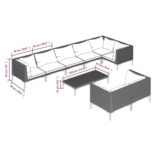 Dimensions of the 9 Piece Garden Lounge Set with Cushions Poly Rattan Dark, showcasing its layout and measurements.