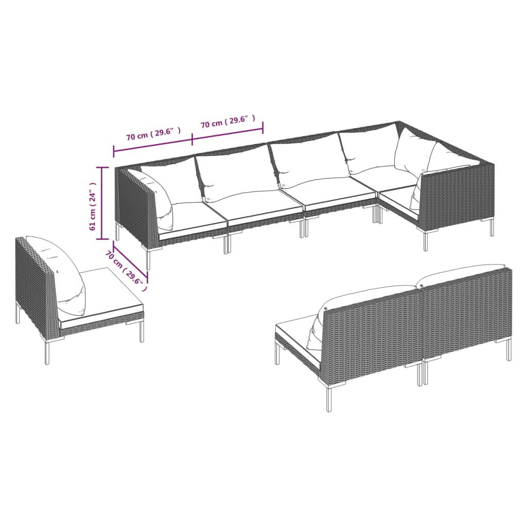 8 Piece Garden Lounge Set with Cushions Poly Rattan Dark dimensions and layout illustration