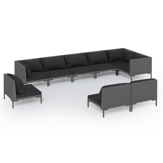 9 Piece Garden Lounge Set with Cushions Poly Rattan Dark in stylish arrangement with dark cushions.