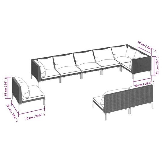 9 Piece Garden Lounge Set with Cushions Poly Rattan Dark dimensions and layout design illustration.