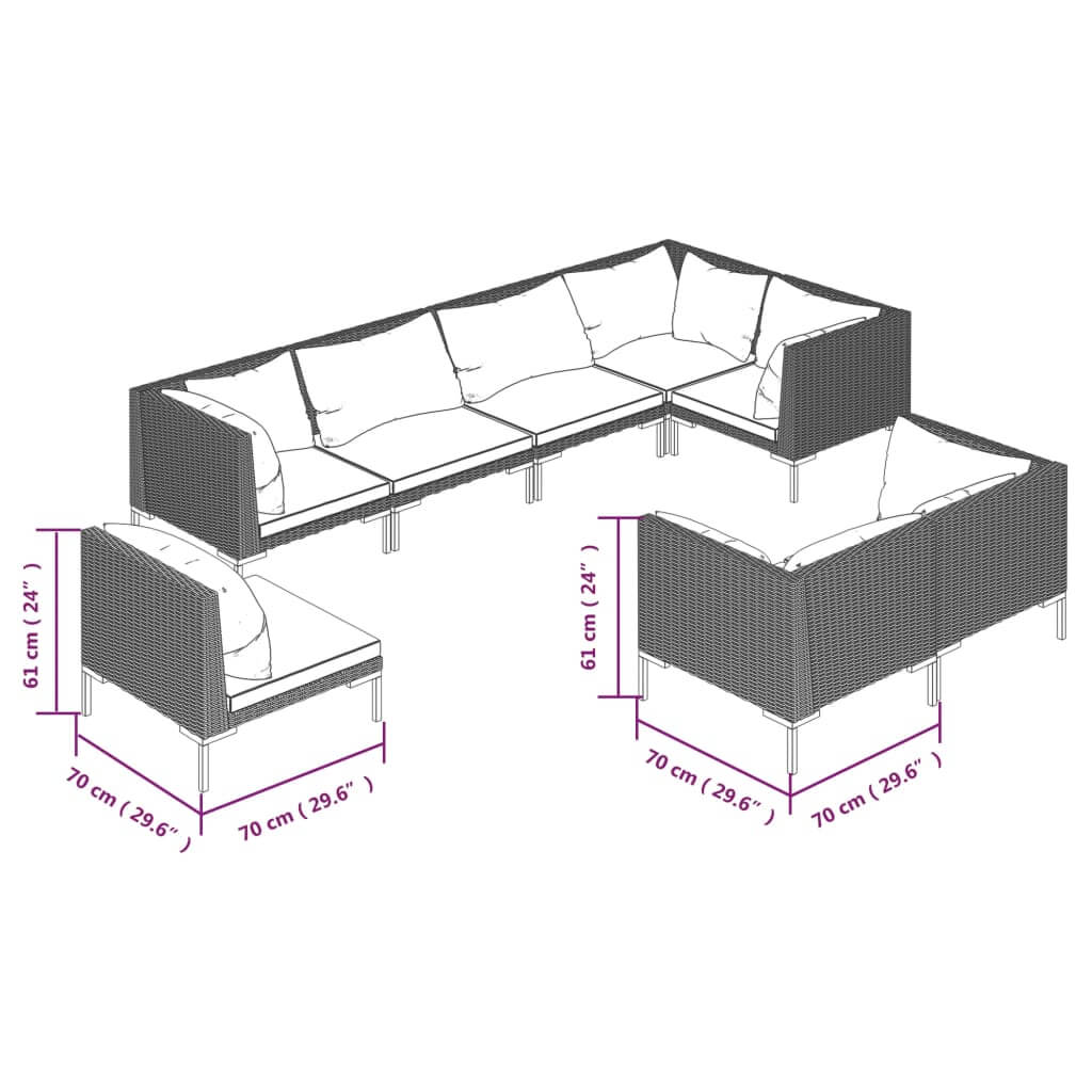 8 Piece Garden Lounge Set with Cushions Poly Rattan Dark dimensions illustration with measurements.